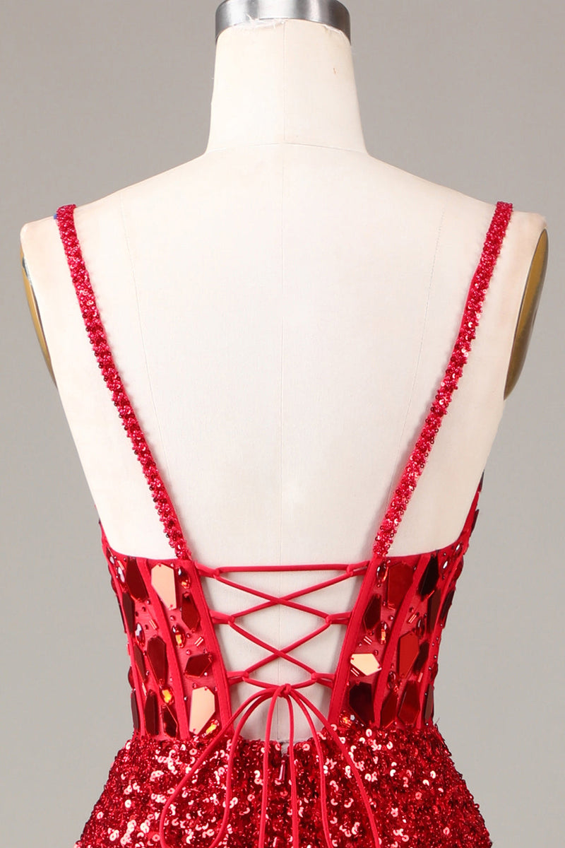 Załaduj obraz do przeglądarki galerii, Brokatowe Lustro Cekiny Czerwony Gorset Sukienka Na Studniówkę Z Rozcięciem