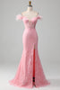Załaduj obraz do przeglądarki galerii, Różowa Syrenka Błyszcząca Gorsetowa Sukienki Na Studniówke z Piórkiem