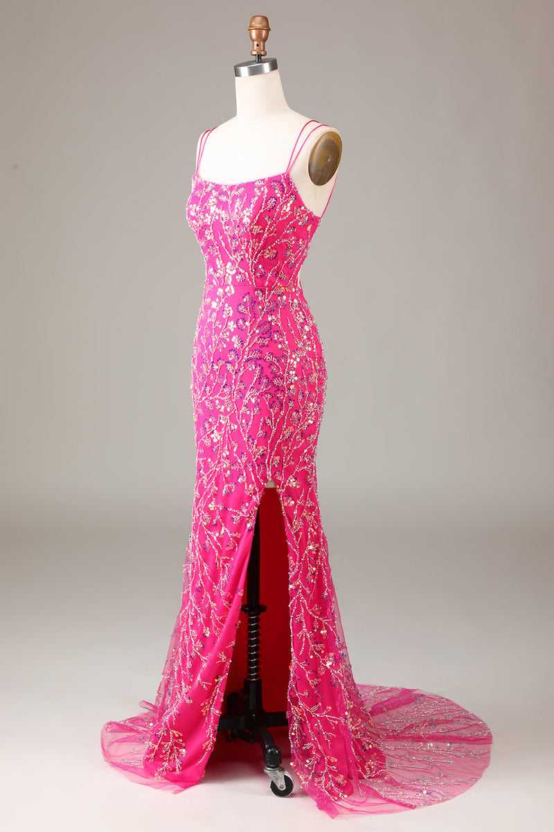 Załaduj obraz do przeglądarki galerii, Gorąca Różowa Sukienka Na Studniówkę Z Cekinami I Koralikami Syrena Z Rozcięciem