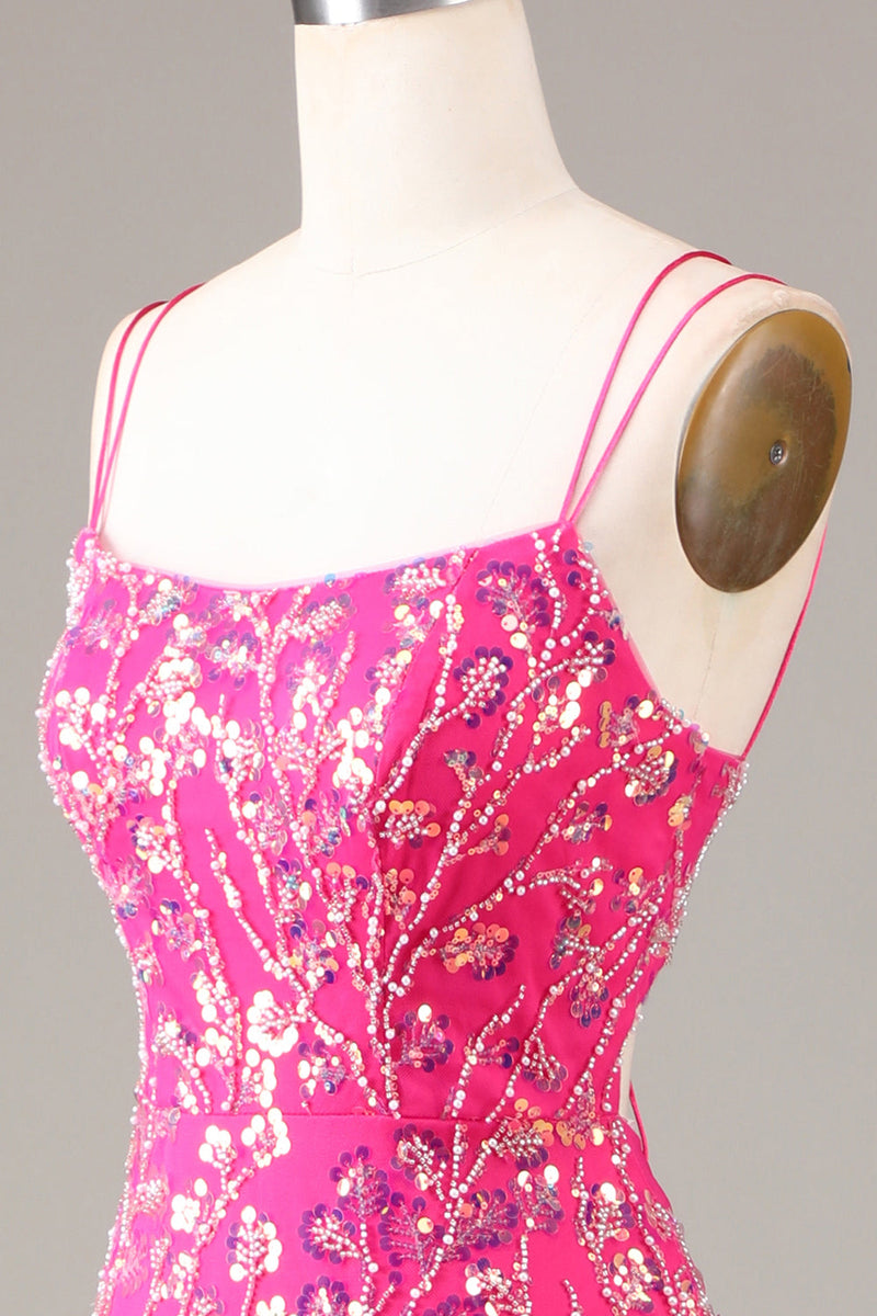 Załaduj obraz do przeglądarki galerii, Gorąca Różowa Sukienka Na Studniówkę Z Cekinami I Koralikami Syrena Z Rozcięciem