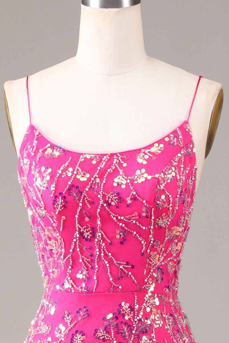 Załaduj obraz do przeglądarki galerii, Gorąca Różowa Sukienka Na Studniówkę Z Cekinami I Koralikami Syrena Z Odkrytymi Plecami