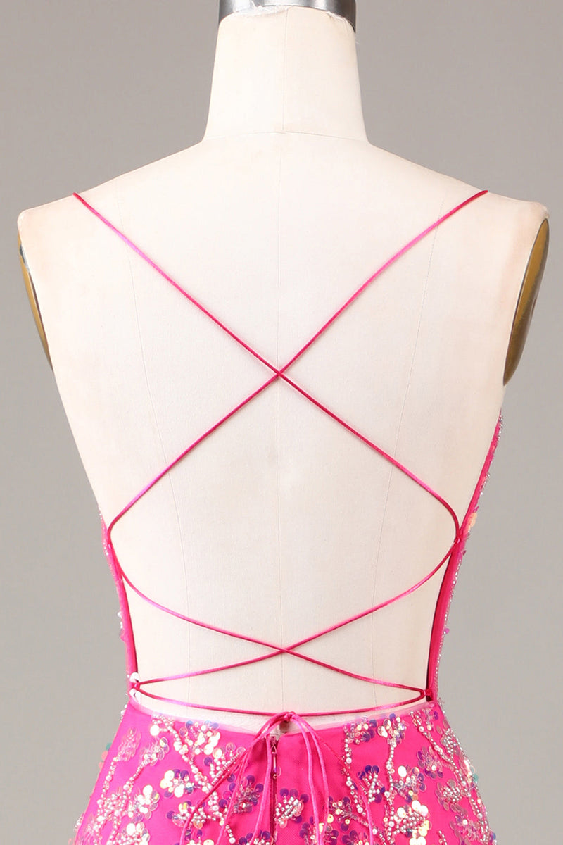 Załaduj obraz do przeglądarki galerii, Gorąca Różowa Sukienka Na Studniówkę Z Cekinami I Koralikami Syrena Z Odkrytymi Plecami