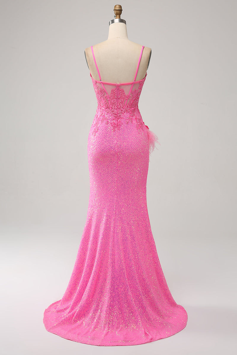 Załaduj obraz do przeglądarki galerii, Modna Różowa Cekinowa Długa Sukienka Syrenka Na Studniówkę Z Aplikacjami