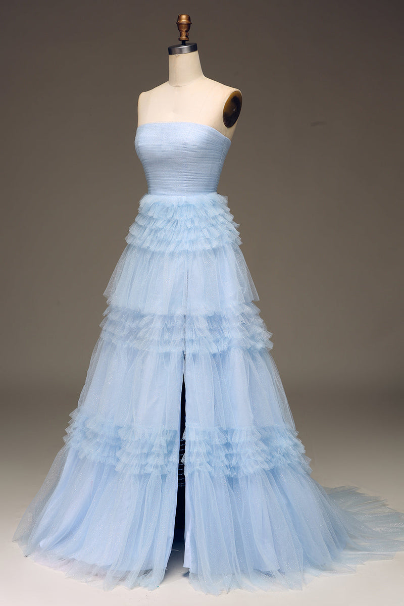 Załaduj obraz do przeglądarki galerii, Tiulowa Jasnoniebieska Warstwowa Sukienka Na Studniówkę Z Rozcięciem