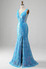 Załaduj obraz do przeglądarki galerii, Błyszcząca Niebieska Syrenka Długa Sukienka Na Studniówkę Z Rozcięciem