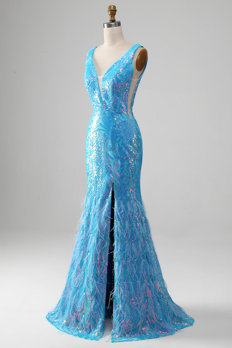 Załaduj obraz do przeglądarki galerii, Błyszcząca Niebieska Syrenka Długa Sukienka Na Studniówkę Z Rozcięciem
