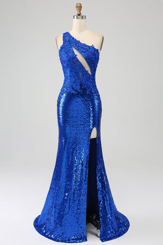 Sukienka na studniówkę Royal Blue Mermaid na jedno ramię z rozcięciem