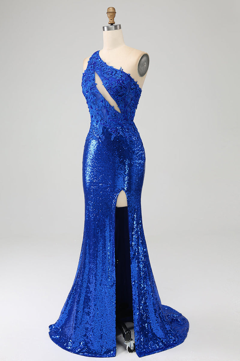 Załaduj obraz do przeglądarki galerii, Sukienka na studniówkę Royal Blue Mermaid na jedno ramię z rozcięciem