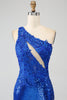 Załaduj obraz do przeglądarki galerii, Sukienka na studniówkę Royal Blue Mermaid na jedno ramię z rozcięciem