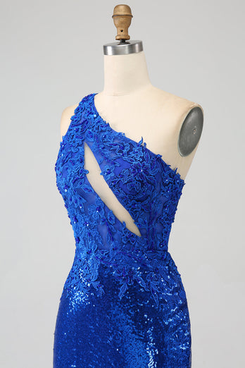 Sukienka na studniówkę Royal Blue Mermaid na jedno ramię z rozcięciem