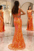 Załaduj obraz do przeglądarki galerii, Brokatowa Pomarańczowa Syrenka Długa Gorsetowa Sukienka Na Studniówkę Z Rozcięciem