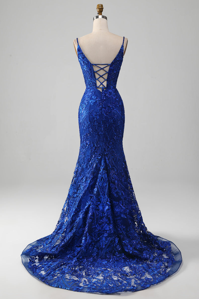 Załaduj obraz do przeglądarki galerii, Błyszcząca Królewska Niebieska Syrenka Cienkich Ramiączkach Długa Sukienka Na Studniówkę Z Aplikacjami