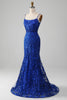 Załaduj obraz do przeglądarki galerii, Błyszcząca Królewska Niebieska Syrenka Cienkich Ramiączkach Długa Sukienka Na Studniówkę Z Aplikacjami