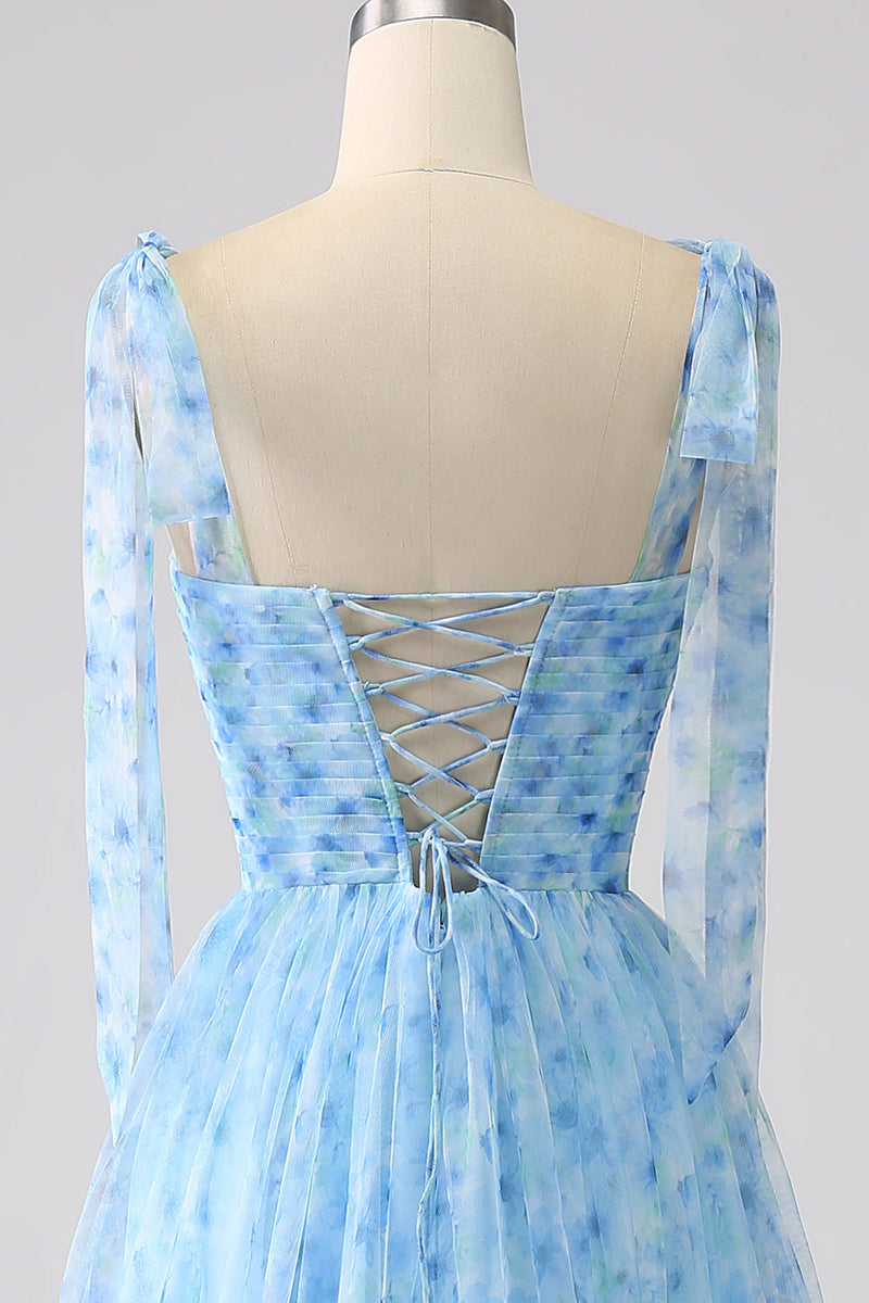 Załaduj obraz do przeglądarki galerii, Jasnoniebieska Długa Sukienka Na Wesele w Kwiaty