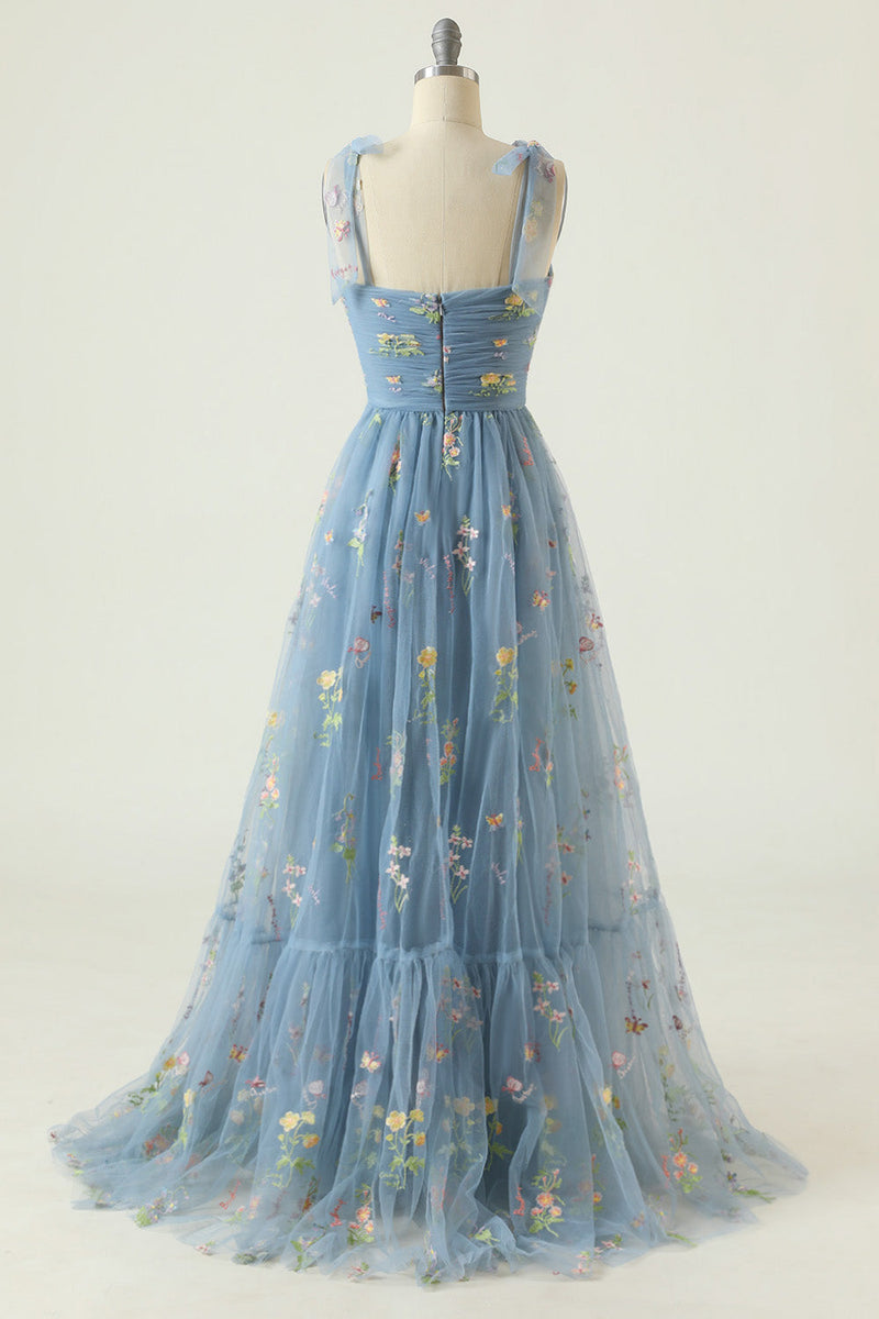 Załaduj obraz do przeglądarki galerii, Szaroniebieska Długa Sukienka Na Studniówkę z Haftem
