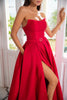 Załaduj obraz do przeglądarki galerii, Czerwona długa sukienka na studniówkę z rozdwojonym przodem bez ramiączek