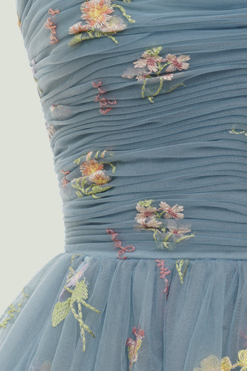 Szaroniebieska krótka sukienka A-Line Homecoming z haftem