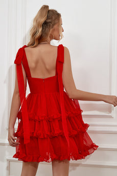 Czerwona Sukienki Krótkie na Studniówke z Kokardkami