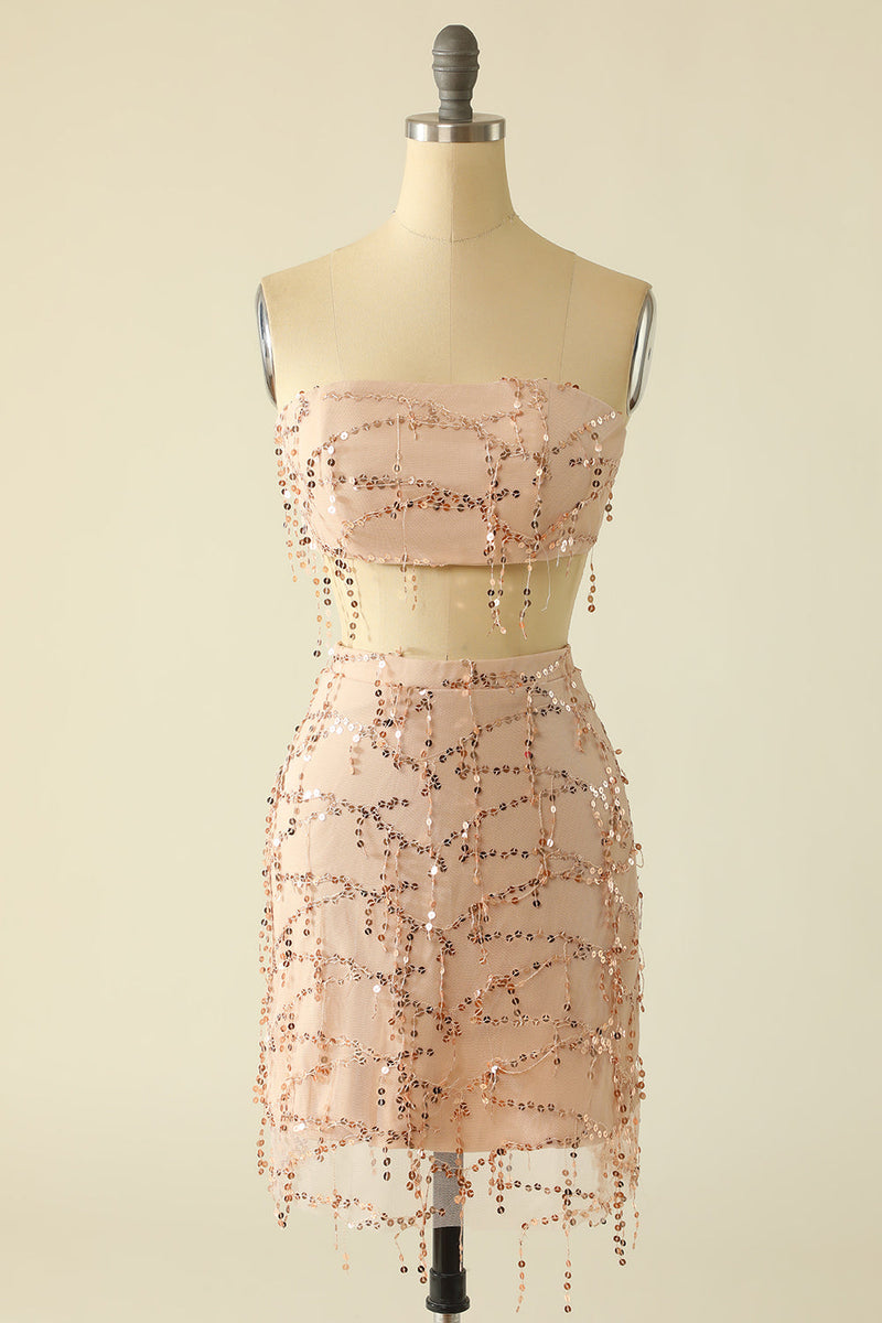 Załaduj obraz do przeglądarki galerii, Różowa Dwuczęściowa Sukienki Cekinowe Koktajlowa Bez Ramiączek