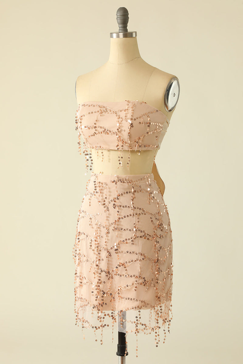 Załaduj obraz do przeglądarki galerii, Różowa Dwuczęściowa Sukienki Cekinowe Koktajlowa Bez Ramiączek