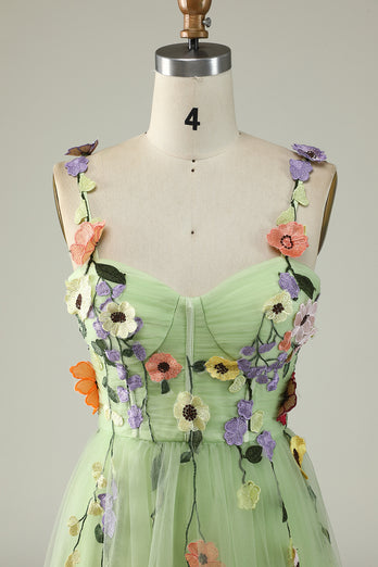 Zielona Cienkich Ramiączkach Sukienka Na Studniówkę z Kwiatami 3D