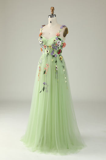 Zielona Cienkich Ramiączkach Sukienka Na Studniówkę z Kwiatami 3D