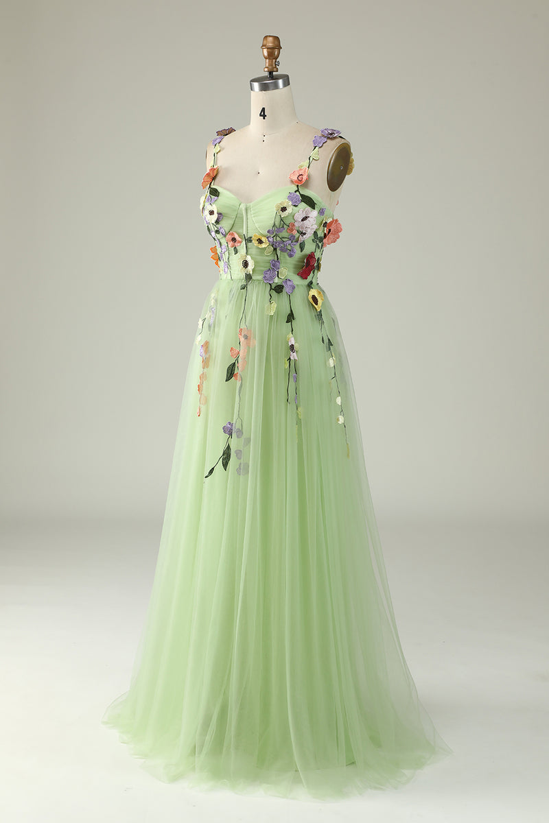 Załaduj obraz do przeglądarki galerii, Zielona Cienkich Ramiączkach Sukienka Na Studniówkę z Kwiatami 3D