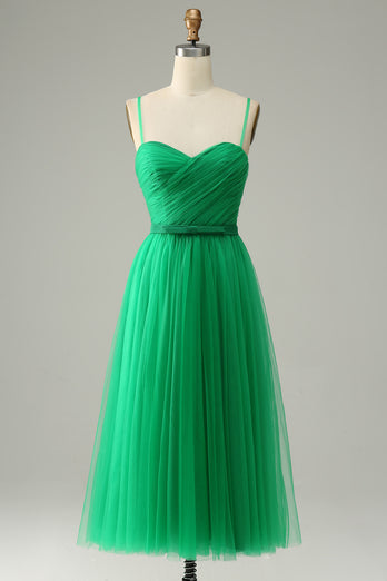 Zielona Tiulowa Sukienki Na Studniówke z Falbanami