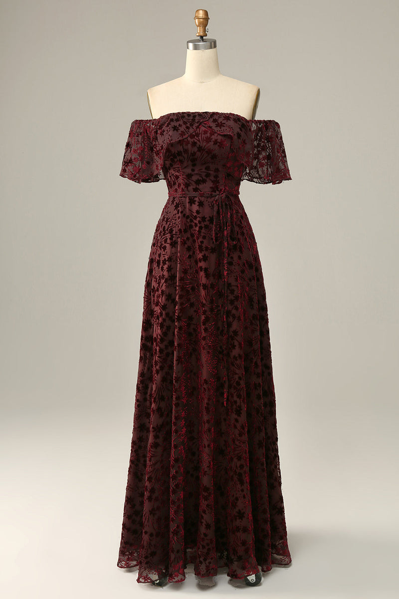 Załaduj obraz do przeglądarki galerii, Burgundia Długie Sukienka Wieczorowe z Odkrytymi Ramionami