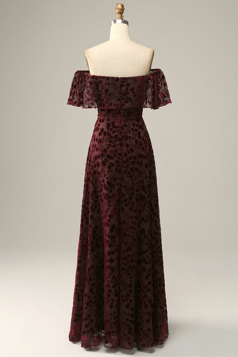 Załaduj obraz do przeglądarki galerii, Burgundia Długie Sukienka Wieczorowe z Odkrytymi Ramionami