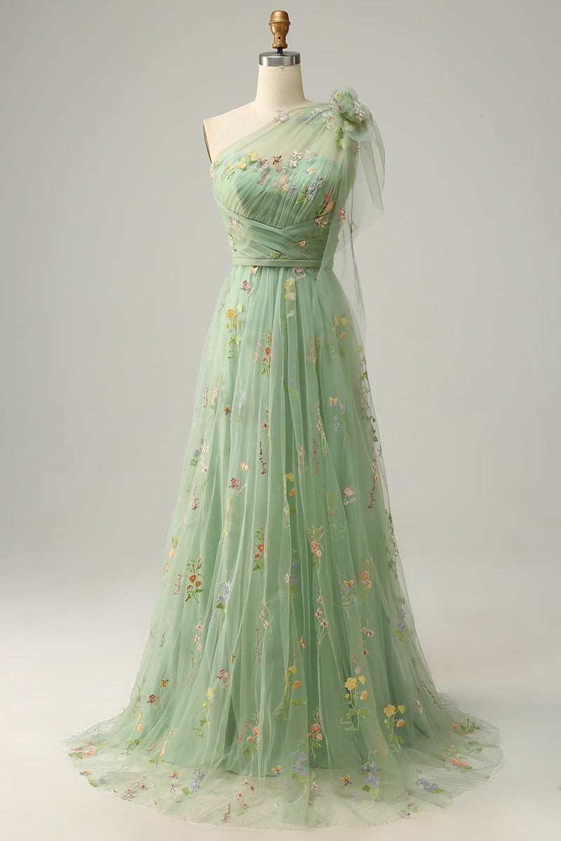 Załaduj obraz do przeglądarki galerii, Tiulowe Zielona Długa Sukienka Na Studniówkę z Haftem