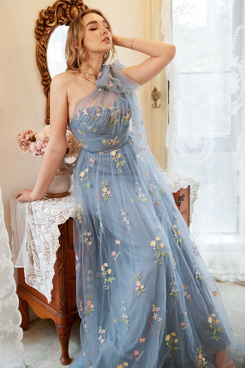 Załaduj obraz do przeglądarki galerii, Plus Size Tiulowa Niebieska Jedno Ramię Sukienki Na Studniówke z Haftem