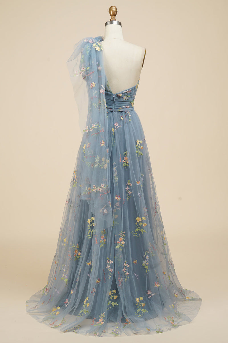 Załaduj obraz do przeglądarki galerii, Szaroniebieska Długa Sukienka Na Studniówkę Z Haftem