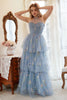 Załaduj obraz do przeglądarki galerii, Plus Size Dekolt Halter Niebieska Sukienki Na Studniówke z Haftem