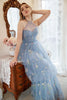 Załaduj obraz do przeglądarki galerii, Plus Size Dekolt Halter Niebieska Sukienki Na Studniówke z Haftem