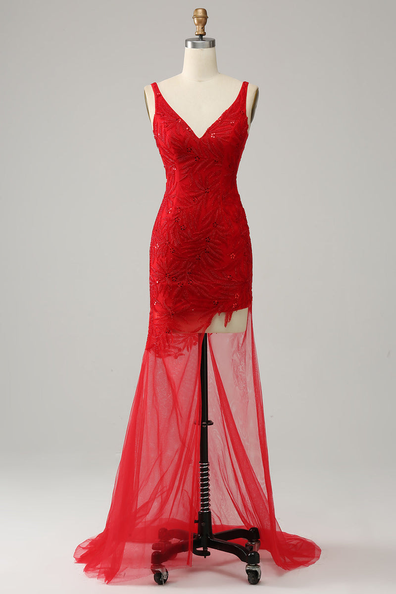 Załaduj obraz do przeglądarki galerii, Syrenka V Dekolt Czerwona Długa Sukienka Na Studniówkę z Haftem