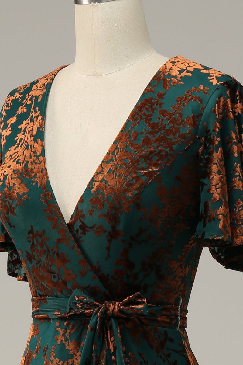 Załaduj obraz do przeglądarki galerii, Zielona Aksamitna Sukienki Na Wesele Dla Mamy z Krótki Rękaw