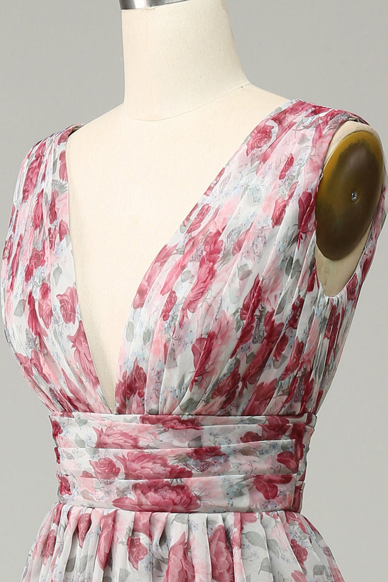 Załaduj obraz do przeglądarki galerii, Różowa Dekolt V Sukienka Dla Druhny w Kwiatki