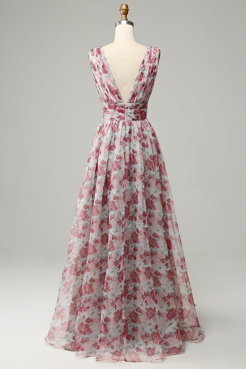 Załaduj obraz do przeglądarki galerii, Różowa Dekolt V Sukienka Dla Druhny w Kwiatki
