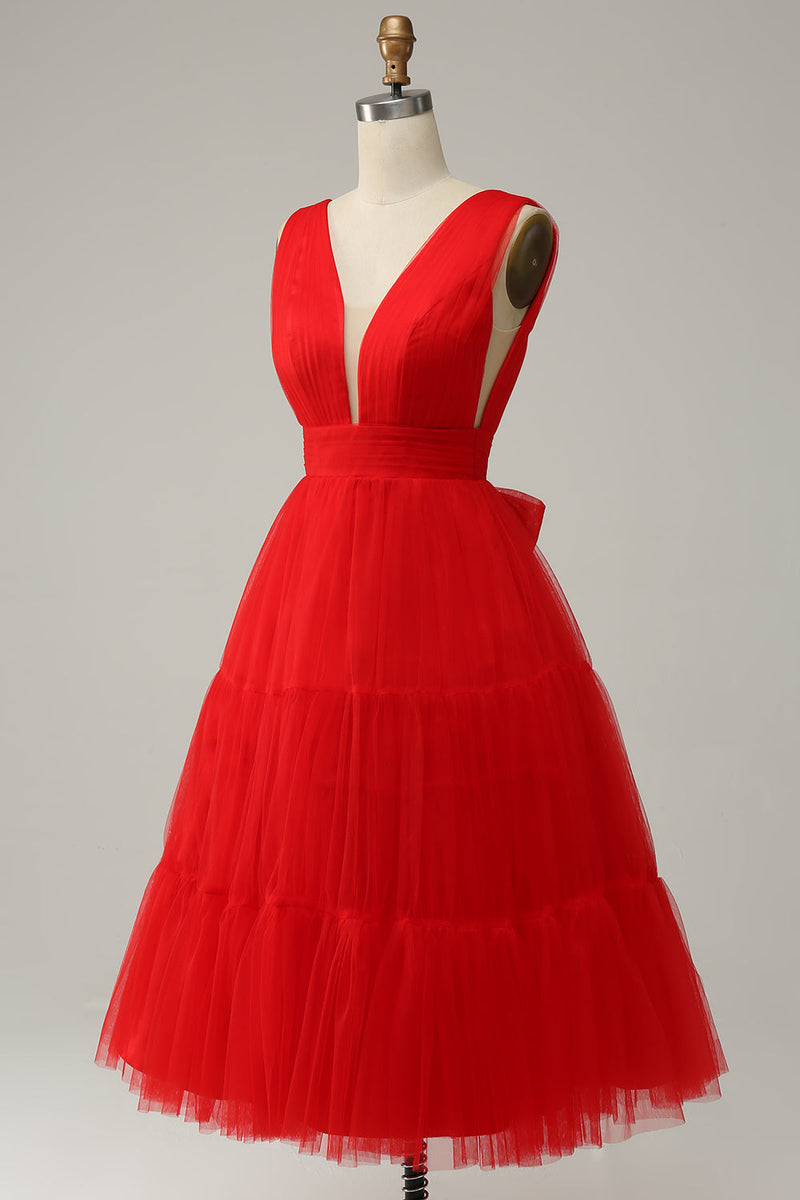 Załaduj obraz do przeglądarki galerii, Czerwona Dekolt V Tiulowa Sukienki Koktajlowe