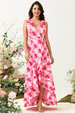 Linia V Neck Pink Flower Printed Long Bridesmaid Dress z falbanami