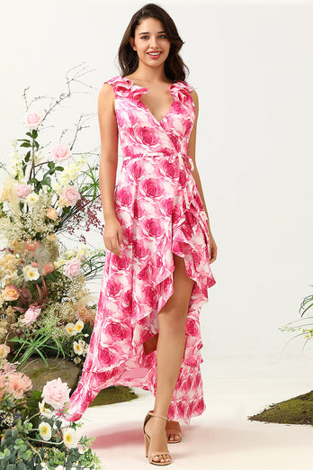 Linia V Neck Pink Flower Printed Long Bridesmaid Dress z falbanami