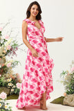 Linia V Neck Pink Flower Printed Long Bridesmaid Dress z falbanami