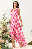 Linia V Neck Pink Flower Printed Long Bridesmaid Dress z falbanami