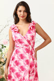 Linia V Neck Pink Flower Printed Long Bridesmaid Dress z falbanami