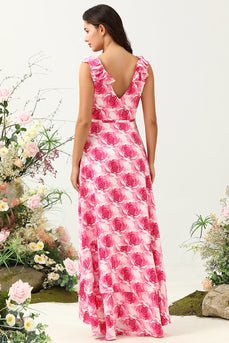 Linia V Neck Pink Flower Printed Long Bridesmaid Dress z falbanami