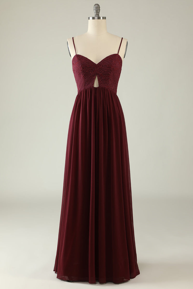 Załaduj obraz do przeglądarki galerii, Burgundia Cienkich Ramiączkach Koronkowa Sukienka Dla Druhny Z Wydrążonym Wydrążeniem