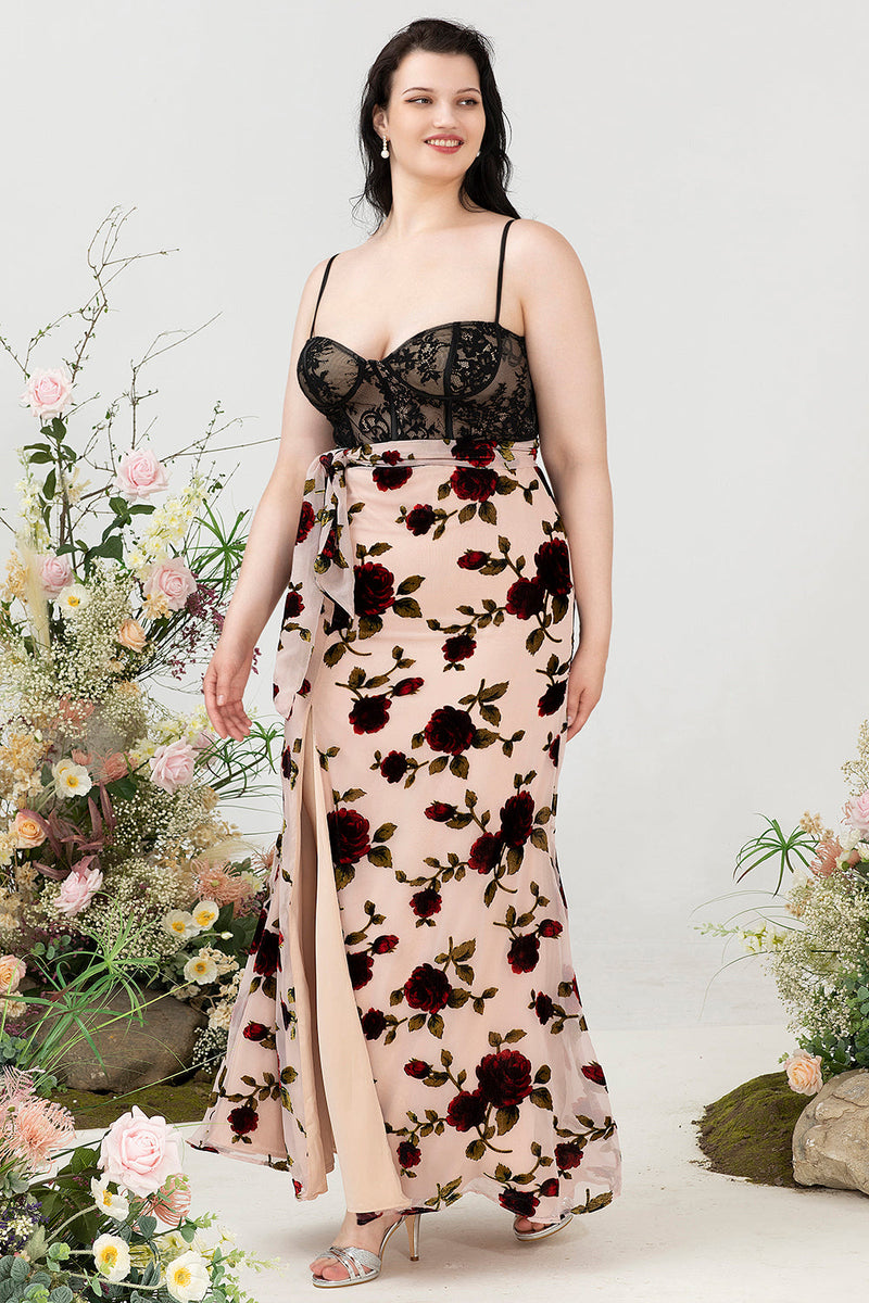Załaduj obraz do przeglądarki galerii, Plus Size Kwiatowy Nadruk Różowa Sukienki Na Wesele Z Rozcięciem