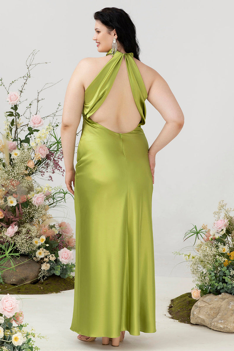 Załaduj obraz do przeglądarki galerii, Plus Size Syrenka Satynowe Dekolt Halter Zielona Sukienki Na Wesele z Odkrytymi Plecami