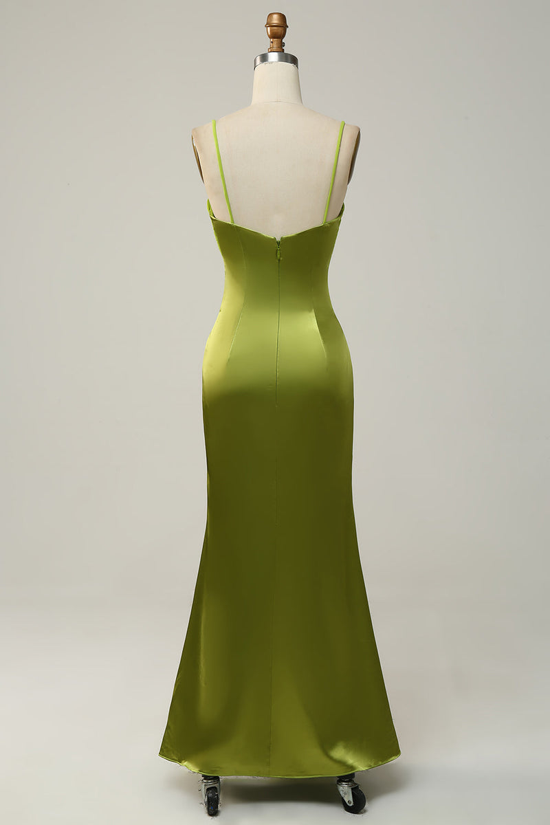 Załaduj obraz do przeglądarki galerii, Satynowe Syrenka Zielone Sukienki Dla Druhny Z Rozcięciem